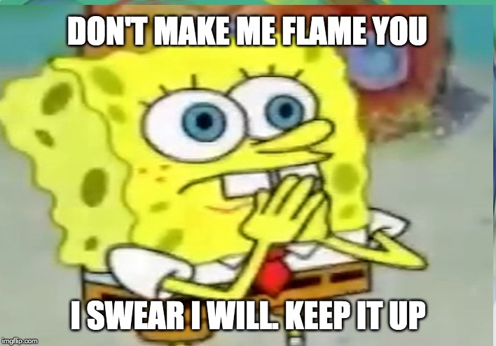 You bouta get flame ya boi. | DON'T MAKE ME FLAME YOU; I SWEAR I WILL. KEEP IT UP | image tagged in roasted,flamed,spongebob squarepants | made w/ Imgflip meme maker