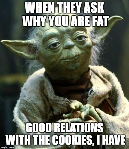 Star Wars Yoda | WHEN THEY ASK WHY YOU ARE FAT; GOOD RELATIONS WITH THE COOKIES, I HAVE | image tagged in memes,star wars yoda | made w/ Imgflip meme maker