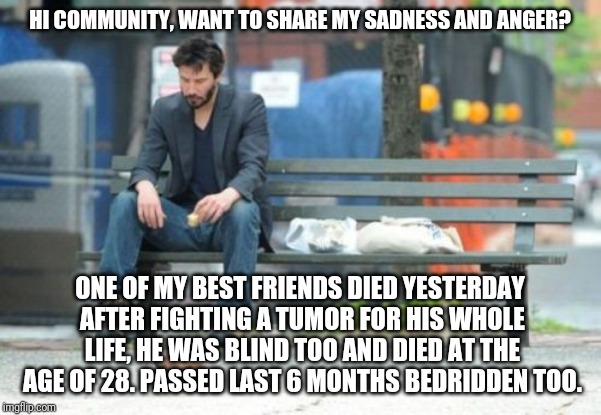 I really feel down right now. | HI COMMUNITY, WANT TO SHARE MY SADNESS AND ANGER? ONE OF MY BEST FRIENDS DIED YESTERDAY AFTER FIGHTING A TUMOR FOR HIS WHOLE LIFE, HE WAS BLIND TOO AND DIED AT THE AGE OF 28. PASSED LAST 6 MONTHS BEDRIDDEN TOO. | image tagged in memes,sad keanu | made w/ Imgflip meme maker