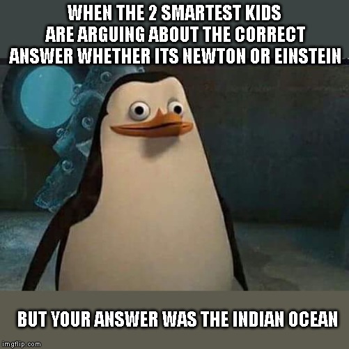 Madagascar penguin | WHEN THE 2 SMARTEST KIDS ARE ARGUING ABOUT THE CORRECT ANSWER WHETHER ITS NEWTON OR EINSTEIN; BUT YOUR ANSWER WAS THE INDIAN OCEAN | image tagged in madagascar penguin,lol,memes,meme,dank,dank memes | made w/ Imgflip meme maker