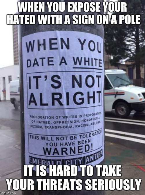 Someone pretend to be scared | WHEN YOU EXPOSE YOUR HATED WITH A SIGN ON A POLE; IT IS HARD TO TAKE YOUR THREATS SERIOUSLY | image tagged in portland oregon antifa,antifa are sick cowards,antifa almost as scary as a turtle,antifa,anti white haters are racists,racism | made w/ Imgflip meme maker