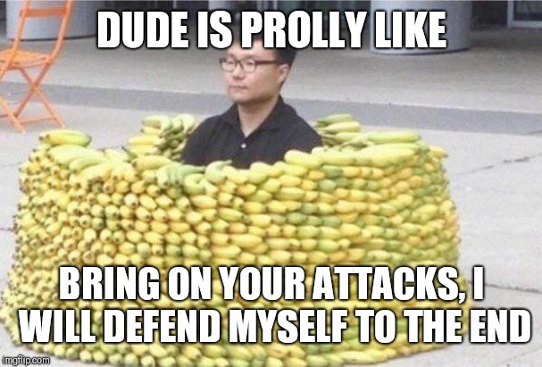 Banana fort | DUDE IS PROLLY LIKE BRING ON YOUR ATTACKS, I WILL DEFEND MYSELF TO THE END | image tagged in banana fort | made w/ Imgflip meme maker