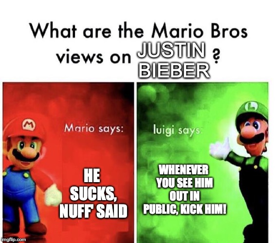 Mario Bros Views | JUSTIN BIEBER; WHENEVER YOU SEE HIM OUT IN PUBLIC, KICK HIM! HE SUCKS, NUFF' SAID | image tagged in mario bros views | made w/ Imgflip meme maker
