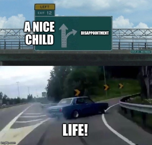 Left Exit 12 Off Ramp Meme | A NICE CHILD; DISAPPOINTMENT; LIFE! | image tagged in memes,left exit 12 off ramp | made w/ Imgflip meme maker