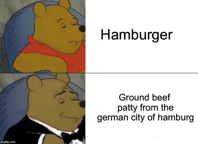 Tuxedo Winnie The Pooh Meme | Hamburger; Ground beef patty from the german city of hamburg | image tagged in memes,tuxedo winnie the pooh | made w/ Imgflip meme maker