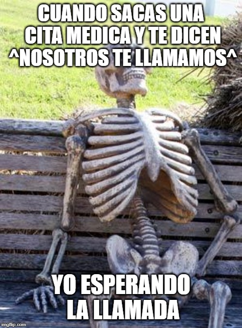 Waiting Skeleton Meme | CUANDO SACAS UNA CITA MEDICA Y TE DICEN ^NOSOTROS TE LLAMAMOS^; YO ESPERANDO LA LLAMADA | image tagged in memes,waiting skeleton | made w/ Imgflip meme maker