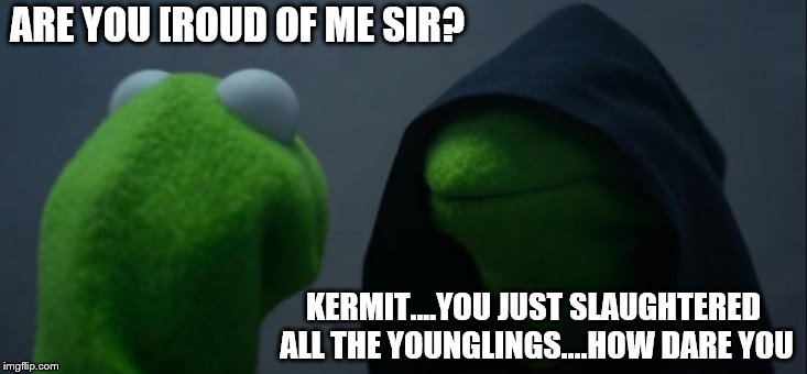 Evil Kermit | ARE YOU [ROUD OF ME SIR? KERMIT….YOU JUST SLAUGHTERED ALL THE YOUNGLINGS....HOW DARE YOU | image tagged in memes,evil kermit | made w/ Imgflip meme maker