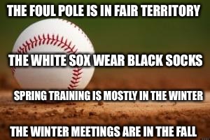 Baseball | THE FOUL POLE IS IN FAIR TERRITORY; THE WHITE SOX WEAR BLACK SOCKS; SPRING TRAINING IS MOSTLY IN THE WINTER; THE WINTER MEETINGS ARE IN THE FALL | image tagged in baseball | made w/ Imgflip meme maker