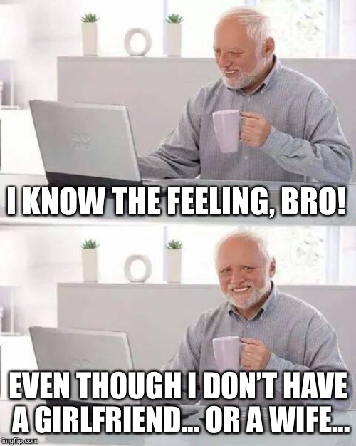 Hide the Pain Harold Meme | I KNOW THE FEELING, BRO! EVEN THOUGH I DON’T HAVE A GIRLFRIEND... OR A WIFE... | image tagged in memes,hide the pain harold | made w/ Imgflip meme maker