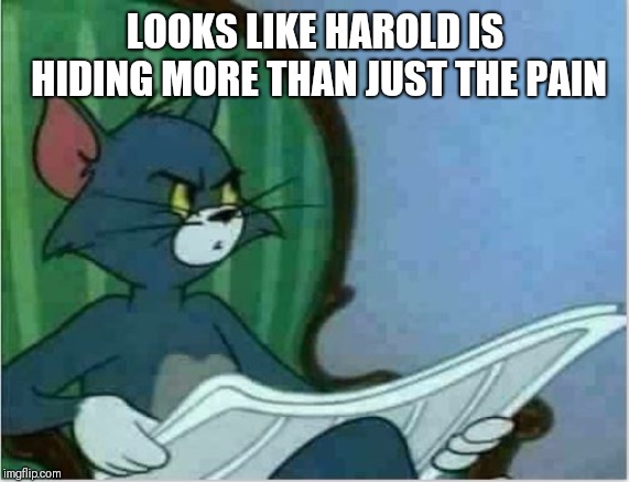Interrupting Tom's Read | LOOKS LIKE HAROLD IS HIDING MORE THAN JUST THE PAIN | image tagged in interrupting tom's read | made w/ Imgflip meme maker