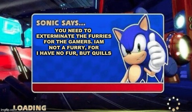 Sonic Says | YOU NEED TO EXTERMINATE THE FURRIES FOR THE GAMERS.
IAM NOT A FURRY, FOR I HAVE NO FUR, BUT QUILLS | image tagged in sonic says | made w/ Imgflip meme maker