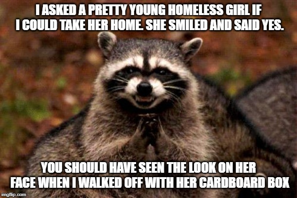 Evil Plotting Raccoon Meme | I ASKED A PRETTY YOUNG HOMELESS GIRL IF I COULD TAKE HER HOME. SHE SMILED AND SAID YES. YOU SHOULD HAVE SEEN THE LOOK ON HER FACE WHEN I WALKED OFF WITH HER CARDBOARD BOX | image tagged in memes,evil plotting raccoon,funny memes,jokes | made w/ Imgflip meme maker