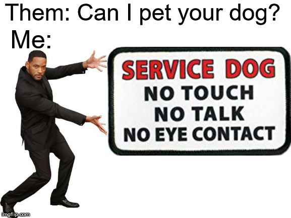 Read the d@mn patch, and stop asking | Them: Can I pet your dog? Me: | image tagged in service dog,will smith | made w/ Imgflip meme maker