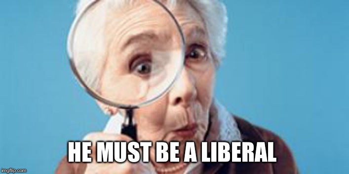 Old lady magnifying glass | HE MUST BE A LIBERAL | image tagged in old lady magnifying glass | made w/ Imgflip meme maker
