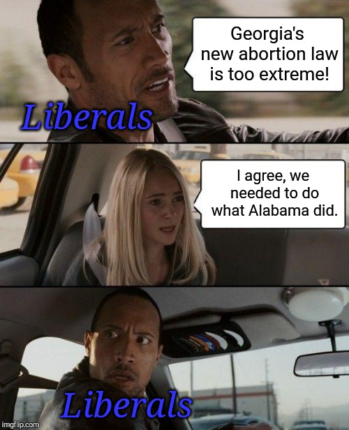 The Rock Driving | Georgia's new abortion law is too extreme! Liberals; I agree, we needed to do what Alabama did. Liberals | image tagged in memes,the rock driving | made w/ Imgflip meme maker