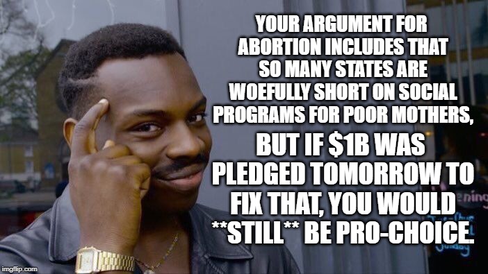 Nice try, but I *was* listening. | YOUR ARGUMENT FOR ABORTION INCLUDES THAT SO MANY STATES ARE WOEFULLY SHORT ON SOCIAL PROGRAMS FOR POOR MOTHERS, BUT IF $1B WAS PLEDGED TOMORROW TO FIX THAT, YOU WOULD **STILL** BE PRO-CHOICE. | image tagged in memes,roll safe think about it,abortion,pro-life,pro-choice | made w/ Imgflip meme maker