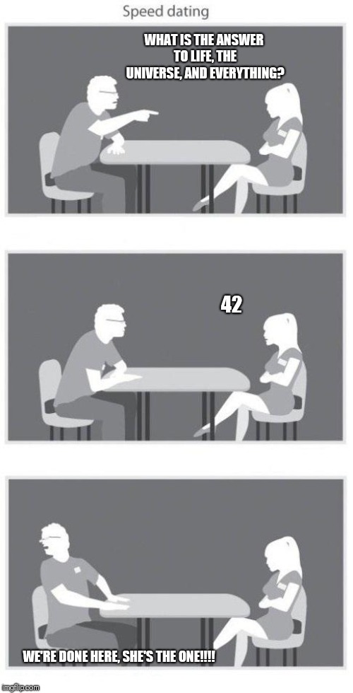 The Hitchiker's Guide to Speed Dating | WHAT IS THE ANSWER TO LIFE, THE UNIVERSE, AND EVERYTHING? 42; WE'RE DONE HERE, SHE'S THE ONE!!!! | image tagged in speed dating,hitchhiker's guide to the galaxy | made w/ Imgflip meme maker