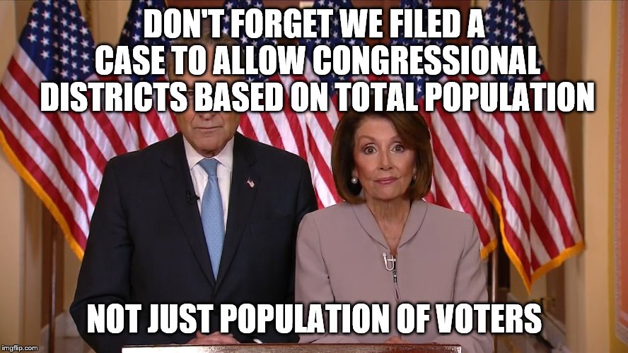 Chuck and Nancy | DON'T FORGET WE FILED A CASE TO ALLOW CONGRESSIONAL DISTRICTS BASED ON TOTAL POPULATION; NOT JUST POPULATION OF VOTERS | image tagged in chuck and nancy | made w/ Imgflip meme maker