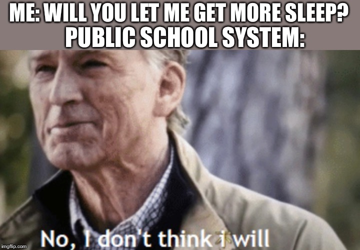 No, I don’t think i will | PUBLIC SCHOOL SYSTEM:; ME: WILL YOU LET ME GET MORE SLEEP? | image tagged in no i dont think i will | made w/ Imgflip meme maker