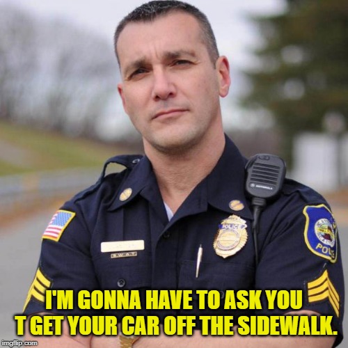 Cop | I'M GONNA HAVE TO ASK YOU T GET YOUR CAR OFF THE SIDEWALK. | image tagged in cop | made w/ Imgflip meme maker