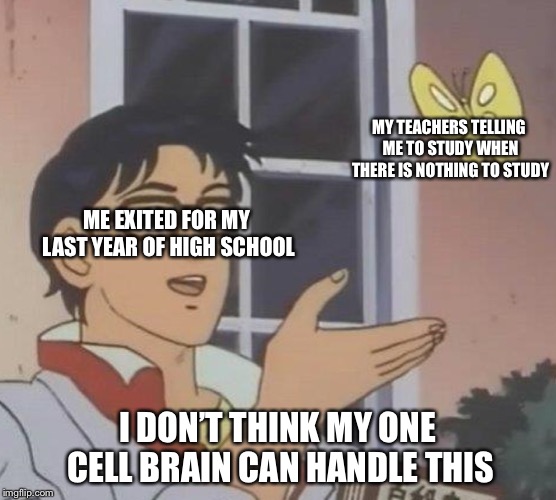 Is This A Pigeon Meme | MY TEACHERS TELLING ME TO STUDY WHEN THERE IS NOTHING TO STUDY; ME EXITED FOR MY LAST YEAR OF HIGH SCHOOL; I DON’T THINK MY ONE CELL BRAIN CAN HANDLE THIS | image tagged in memes,is this a pigeon | made w/ Imgflip meme maker