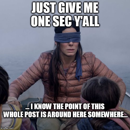 Bird Box Meme | JUST GIVE ME ONE SEC Y'ALL; ... I KNOW THE POINT OF THIS WHOLE POST IS AROUND HERE SOMEWHERE... | image tagged in memes,bird box | made w/ Imgflip meme maker