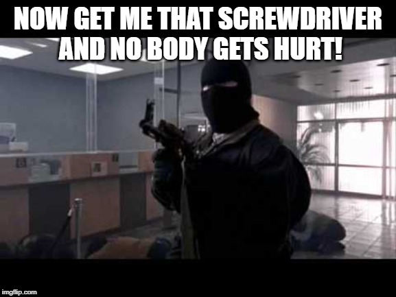 bank robber | NOW GET ME THAT SCREWDRIVER AND NO BODY GETS HURT! | image tagged in bank robber | made w/ Imgflip meme maker