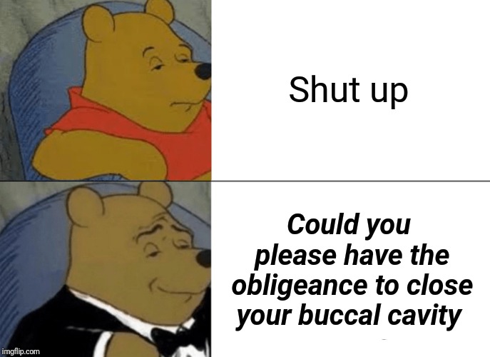 Tuxedo Winnie The Pooh Meme |  Shut up; Could you please have the obligeance to close your buccal cavity | image tagged in memes,tuxedo winnie the pooh | made w/ Imgflip meme maker