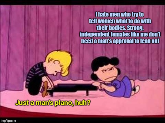 Strong as a piano spine | I hate men who try to tell women what to do with their bodies. Strong, independent females like me don't need a man's approval to lean on! Just a man's piano, huh? | image tagged in schroeder  lucy,peanuts,triggered feminist,whine | made w/ Imgflip meme maker