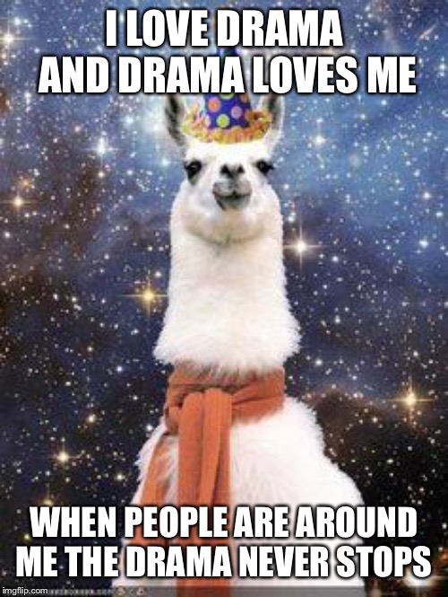 Drama Llama Birthday | I LOVE DRAMA AND DRAMA LOVES ME; WHEN PEOPLE ARE AROUND ME THE DRAMA NEVER STOPS | image tagged in drama llama birthday | made w/ Imgflip meme maker
