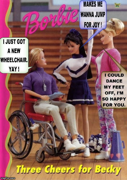 image tagged in barbie,wheelchair,dolls,cheerleader,handicapped,dance | made w/ Imgflip meme maker