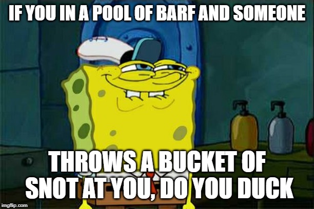 Don't You Squidward Meme | IF YOU IN A POOL OF BARF AND SOMEONE; THROWS A BUCKET OF SNOT AT YOU, DO YOU DUCK | image tagged in memes,dont you squidward | made w/ Imgflip meme maker
