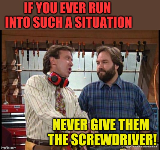 Tool Time | IF YOU EVER RUN INTO SUCH A SITUATION NEVER GIVE THEM THE SCREWDRIVER! | image tagged in tool time | made w/ Imgflip meme maker