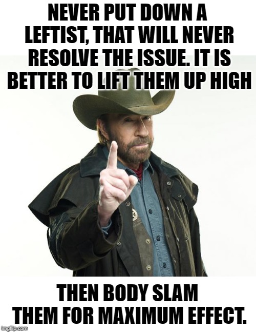 I am speaking metaphorically. I would never incite violence. |  NEVER PUT DOWN A LEFTIST, THAT WILL NEVER RESOLVE THE ISSUE. IT IS BETTER TO LIFT THEM UP HIGH; THEN BODY SLAM THEM FOR MAXIMUM EFFECT. | image tagged in memes,chuck norris finger,chuck norris | made w/ Imgflip meme maker