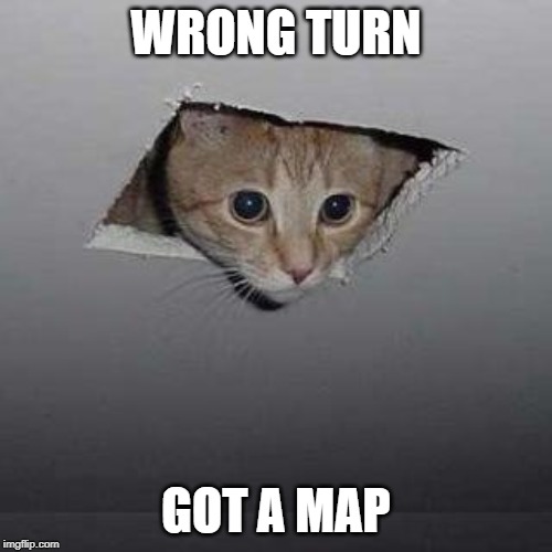 Ceiling Cat Meme | WRONG TURN; GOT A MAP | image tagged in memes,ceiling cat | made w/ Imgflip meme maker