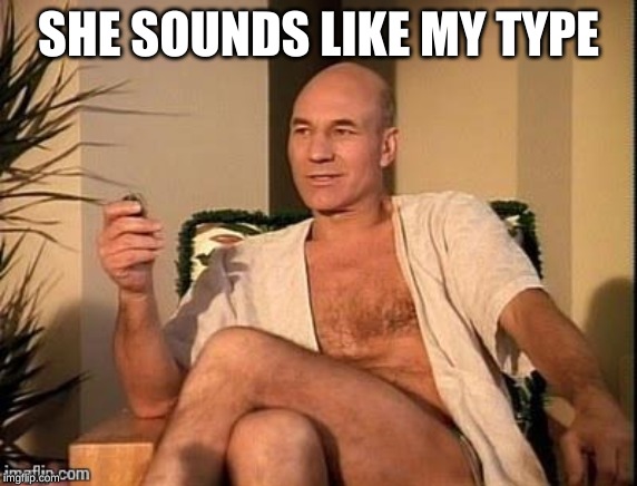 Sexy Picard | SHE SOUNDS LIKE MY TYPE | image tagged in sexy picard | made w/ Imgflip meme maker