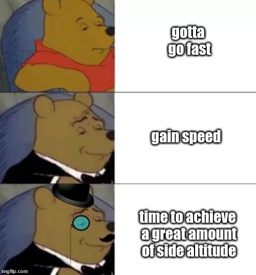 Fancy pooh | gotta go fast; gain speed; time to achieve a great amount of side altitude | image tagged in fancy pooh | made w/ Imgflip meme maker