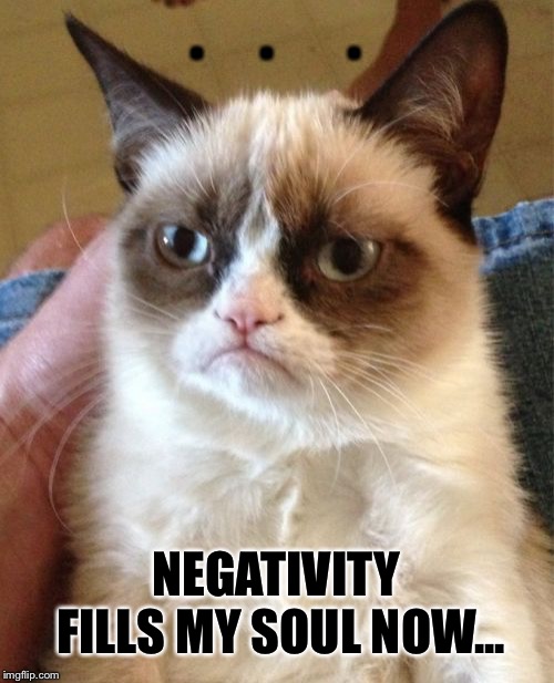 Grumpy Cat Meme | .      .        . NEGATIVITY FILLS MY SOUL NOW... | image tagged in memes,grumpy cat | made w/ Imgflip meme maker