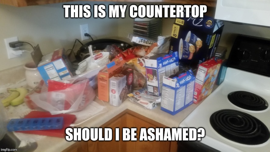 I like food! | THIS IS MY COUNTERTOP; SHOULD I BE ASHAMED? | image tagged in memes,food | made w/ Imgflip meme maker
