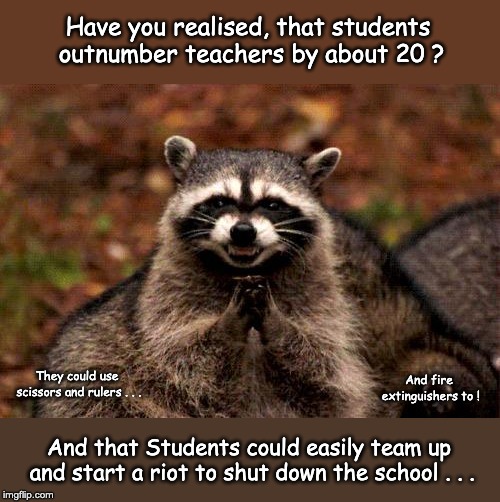 Evil Plotting Raccoon | Have you realised, that students outnumber teachers by about 20 ? They could use scissors and rulers . . . And fire extinguishers to ! And that Students could easily team up and start a riot to shut down the school . . . | image tagged in memes,evil plotting raccoon | made w/ Imgflip meme maker