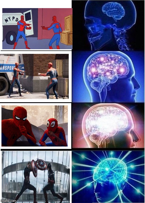 Expanding Brain | image tagged in memes,expanding brain,spider man double,captain america | made w/ Imgflip meme maker