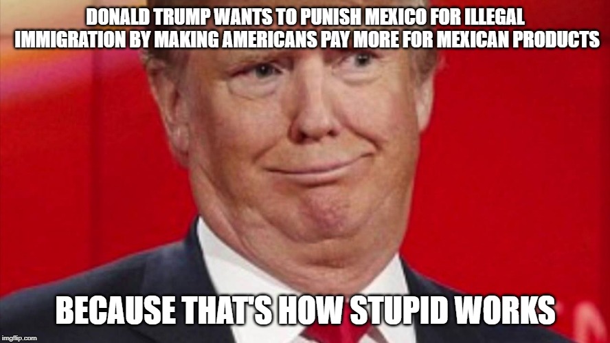 How does stupid work? | DONALD TRUMP WANTS TO PUNISH MEXICO FOR ILLEGAL IMMIGRATION BY MAKING AMERICANS PAY MORE FOR MEXICAN PRODUCTS; BECAUSE THAT'S HOW STUPID WORKS | image tagged in conservatives,conservative hypocrisy,donald trump,donald trump worst trade deal | made w/ Imgflip meme maker