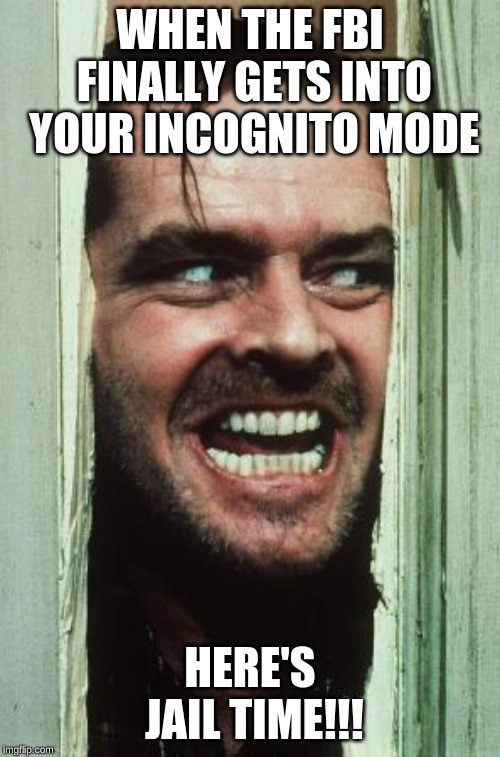 Incognito | WHEN THE FBI FINALLY GETS INTO YOUR INCOGNITO MODE; HERE'S JAIL TIME!!! | image tagged in memes,heres johnny | made w/ Imgflip meme maker