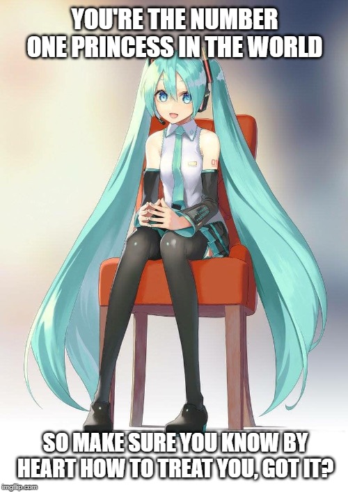 Therapist Miku | YOU'RE THE NUMBER ONE PRINCESS IN THE WORLD; SO MAKE SURE YOU KNOW BY HEART HOW TO TREAT YOU, GOT IT? | image tagged in therapist miku | made w/ Imgflip meme maker