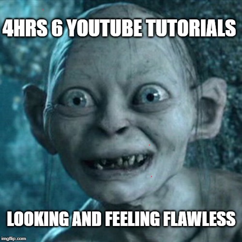 Gollum Meme | 4HRS 6 YOUTUBE TUTORIALS; LOOKING AND FEELING FLAWLESS | image tagged in memes,gollum | made w/ Imgflip meme maker