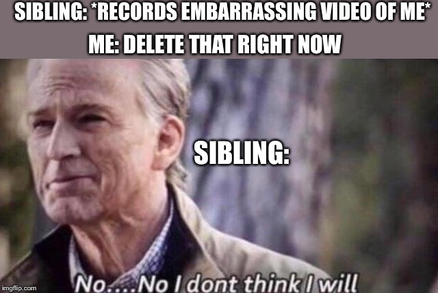 no i don't think i will | SIBLING: *RECORDS EMBARRASSING VIDEO OF ME*; ME: DELETE THAT RIGHT NOW; SIBLING: | image tagged in no i don't think i will | made w/ Imgflip meme maker