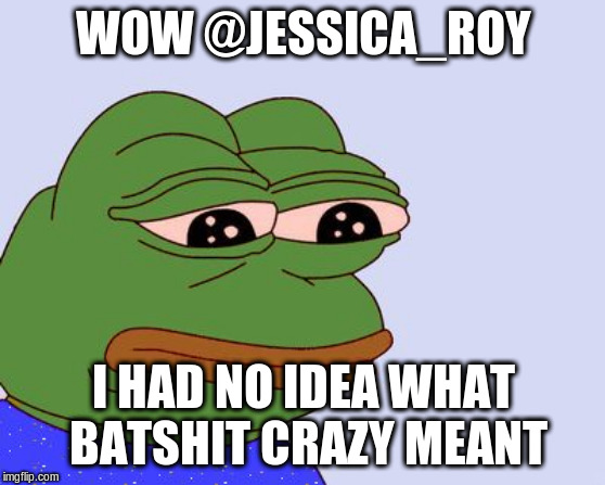 Pepe the Frog | WOW @JESSICA_ROY; I HAD NO IDEA WHAT BATSHIT CRAZY MEANT | image tagged in pepe the frog | made w/ Imgflip meme maker