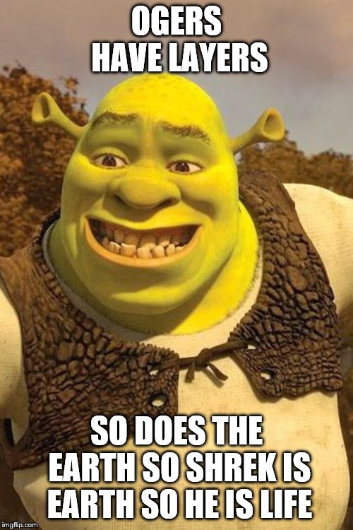 Smiling Shrek | OGERS HAVE LAYERS; SO DOES THE EARTH SO SHREK IS EARTH SO HE IS LIFE | image tagged in smiling shrek | made w/ Imgflip meme maker