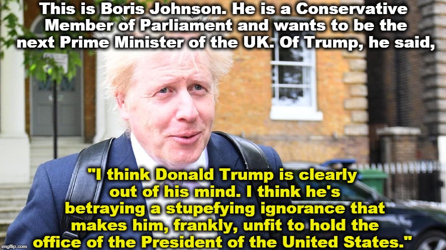 Oh well, there goes the Atlantic Partnership. | This is Boris Johnson. He is a Conservative Member of Parliament and wants to be the next Prime Minister of the UK. Of Trump, he said, "I think Donald Trump is clearly out of his mind. I think he's betraying a stupefying ignorance that makes him, frankly, unfit to hold the office of the President of the United States." | image tagged in boris johnson,prime minister,donald trump,president,trump unfit unqualified dangerous | made w/ Imgflip meme maker