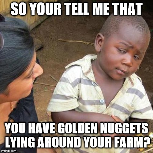 Third World Skeptical Kid Meme | SO YOUR TELL ME THAT; YOU HAVE GOLDEN NUGGETS LYING AROUND YOUR FARM? | image tagged in memes,third world skeptical kid | made w/ Imgflip meme maker